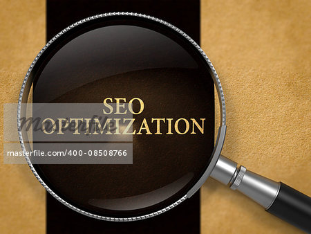SEO - Search Engine Optimization - Optimization through Lens on Old Paper with Black Vertical Line Background. 3D Render.