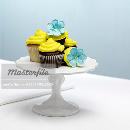 Chocolate and Vanilla Cupcakes with Yellow Icing and Blue Sugar Flowers on Cake Stand