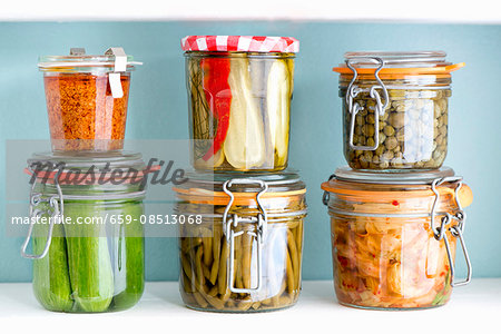 Pickled vegetables in preserving jars