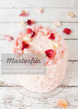 A Turkish Delight layer cake with rose petals