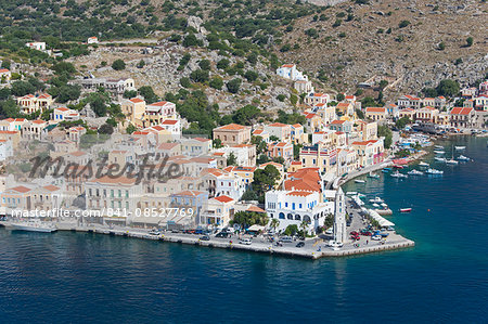 View over the picturesque waterfront, Gialos (Yialos), Symi (Simi), Rhodes, Dodecanese Islands, South Aegean, Greece, Europe