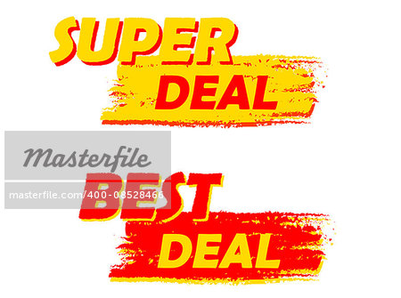 super and best deal banners - text in yellow and red drawn labels, business shopping concept