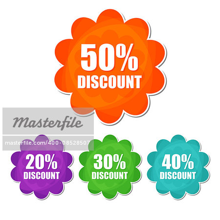 20, 30, 40, 50 percentages spring discount banners - text in four colors flowers labels, business shopping seasonal concept, flat design