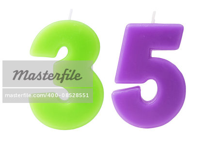 Colorful birthday candles in the form of the number 35 on white background