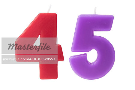 Colorful birthday candles in the form of the number 45 on white background