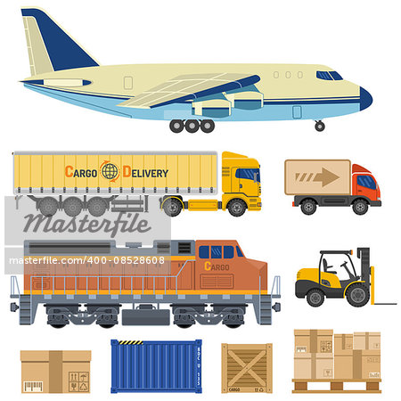 Cargo Transport and Packaging in Flat style icons such as Truck, Plane, Train. Vector for Brochure, Web Site and Printing Advertising on theme delivery of goods.