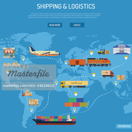 Shipping and Logistics Concept with Railway Freight, Air Cargo, Maritime Shipping and Trucking in Flat style icons. Vector for Brochure, Web Site and Printing Advertising on theme delivery of goods.