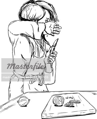 Hand drawn outline of single woman in apron wiping away tears as she chops onions