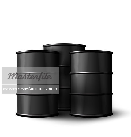 Illustration Three Realistic Black Metal of Oil Barrels Isolated on White Background - Vector