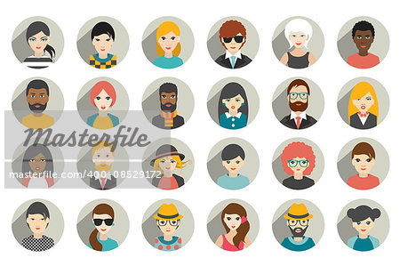 Set of circle persons, avatars, people heads  different nationality in flat style. Vector.