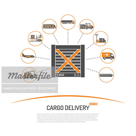 Cargo Delivery Concept with Icon Set such as Plane, Truck, Ship. Vector for Brochure, Web Site and Printing Advertising on theme delivery of goods.