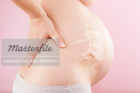 Beautiful woman with baby illustration on big belly in 9 month. Motherhood and pregnancy.
