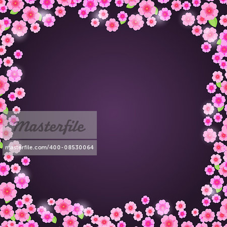 Romantic Pink Floral Frame on Dark Purple Background. Flower Card