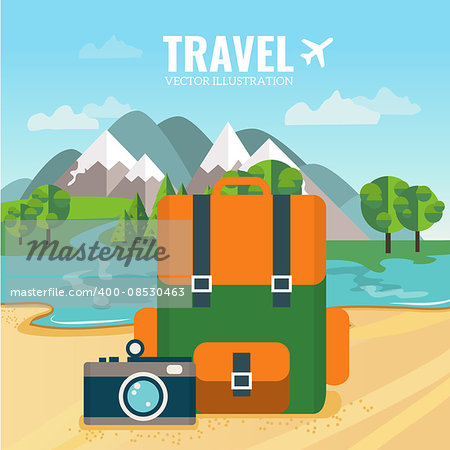 Vector flat illustration with backpack and camera. Nature background with river, forest, mountains and hills. Outdoor activities. Camping