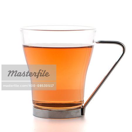 Glass cup of black tea isolated on white background.