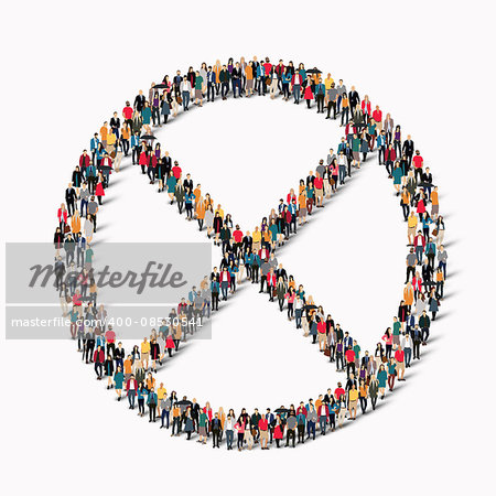 A large group of people in the shape of a cross sign, stop.  illustration.