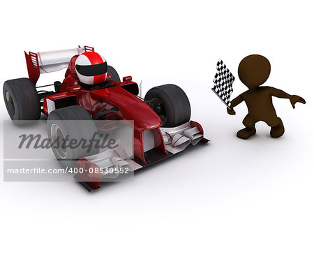 3d render of Morph man with open wheeled racing car