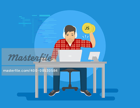 Man is working with laptop. Flat modern illustration of young programmer coding a new project using computer and tablet pc and upgrades his professional skills