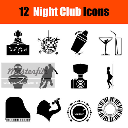 Set of twelve Night club black icons. Vector illustration.