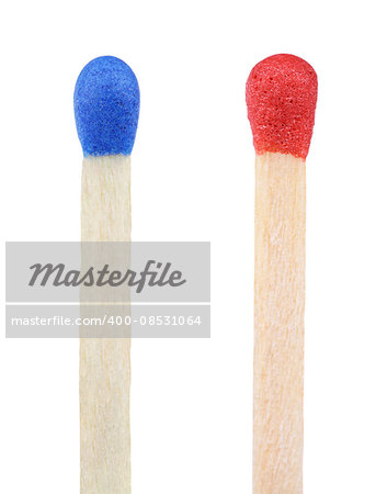 Closeup of blue and red matches isolated on white with clipping path