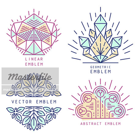 Vector linear abstract emblem set, thin line design logo and signs of leaves, gems and geometric shapes