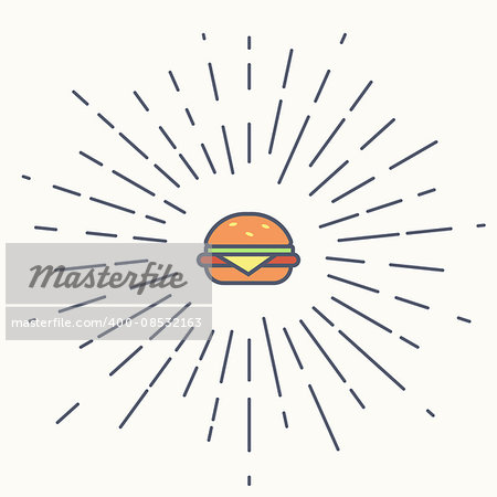 Burger vintage label in hipster style with sunburst. Line contour icon on white background for restaurants and fast food cafe posters and banners
