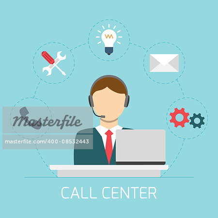 Technical support man operator icon flat. Call center illustration