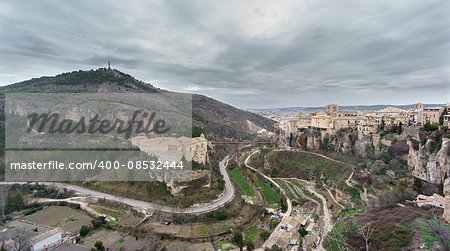 Wide view of Cuenca and the Parador de Turismo, Spain