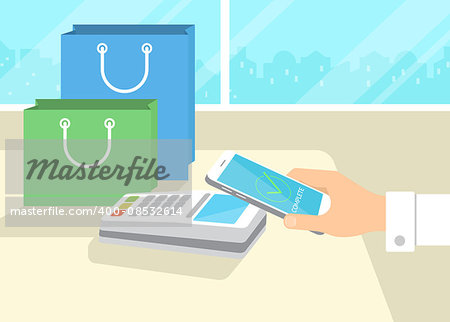 Flat illustration of mobile payment via smartphone. Human hand holds a smartphone and doing payment by credit card wireless connecting to the payment terminal in the shop