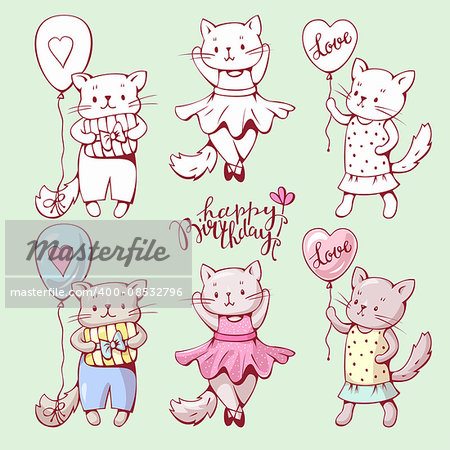 Illustration of funny cartoon kittens. Hand-drawn illustration.  Vector set.
