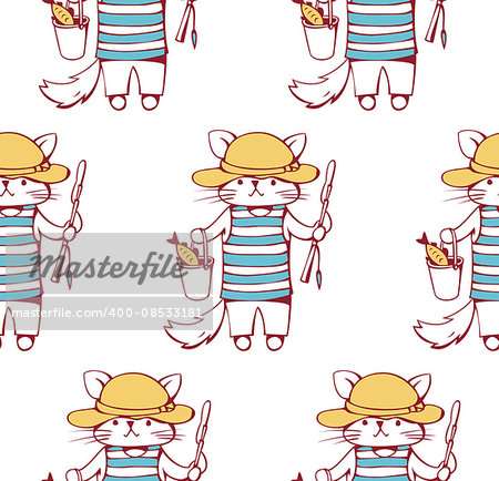 Seamless pattern with  funny cartoon  the cat-fisherman. Hand-drawn illustration. Vector.