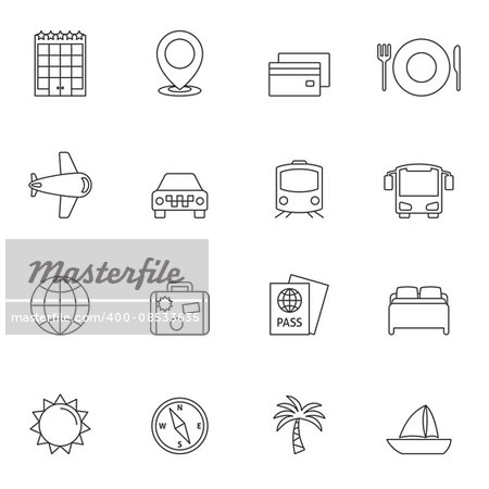 Travel outline icons. Hotel and transportation icons