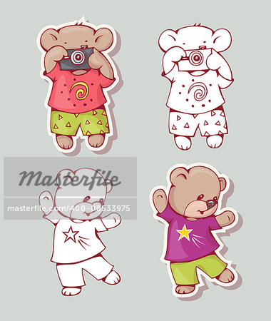 Vector set of  funny cartoon bears, isolated from a background. Monochrome and color version. Hand-drawn illustration.