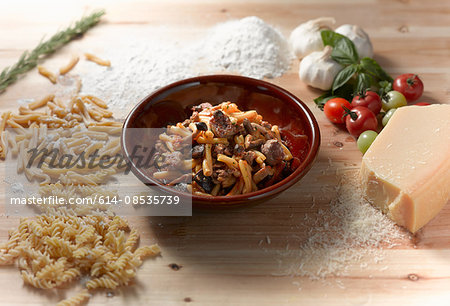 High angle view of pork and mushroom pasta in bowl