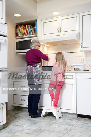 Rear view of girl and grandmother stirring saucepan at kitchen hob
