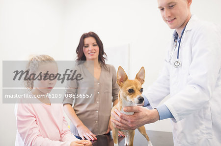 Veterinarian examining dog with its owner