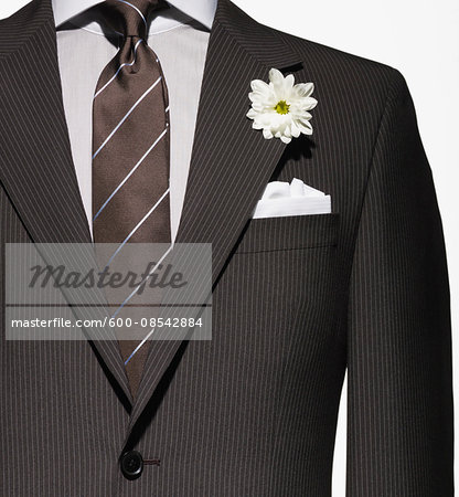 Detail of a brown suit jacket with shirt and necktie, and white handkerchief and flower Detail of a brown suit jacket with shirt and necktie, and white handkerchief and flower
