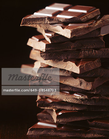 Stack of broken chocolate bars, close-up