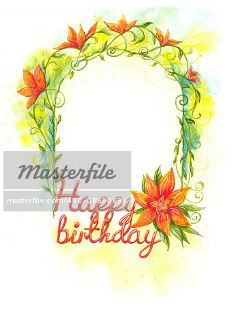 floral frame, happy birthday, watercolor painting art