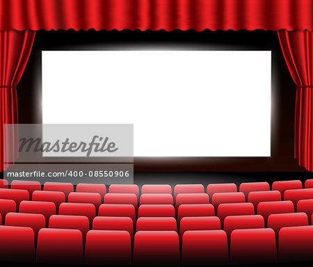 Cinema or theater scene with a red curtain. Vector.