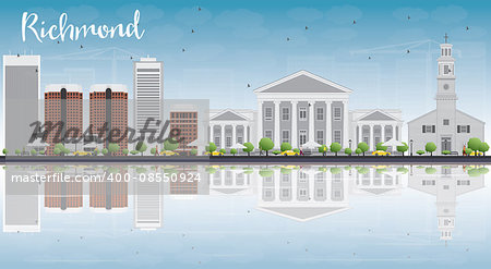 Richmond (Virginia) Skyline with Gray Buildings, Blue Sky and Reflections. Vector Illustration. Business Travel and Tourism Concept with Modern Buildings. Image for Presentation, Banner, Placard and Web Site.