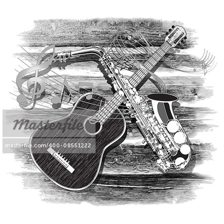 Vector illustration of an acoustic guitar and saxophone on the wooden background in a monochrome version