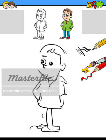Cartoon Illustration of Drawing and Coloring Educational Task for Preschool Children with Cute Boy Character