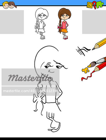 Cartoon Illustration of Drawing and Coloring Educational Task for Preschool Children with Cute Girl Character