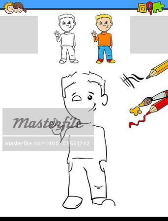 Cartoon Illustration of Drawing and Coloring Educational Activity for Preschool Children with Kid Boy Character