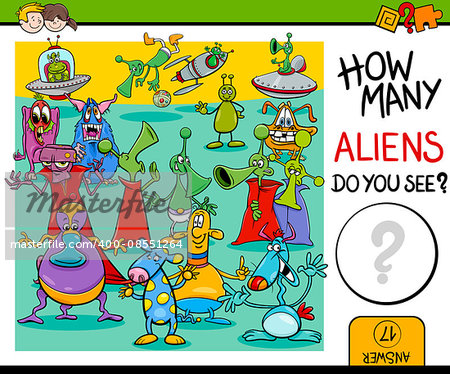 Cartoon Illustration of Educational Counting Task for Preschool Children with Aliens Fantasy Characters