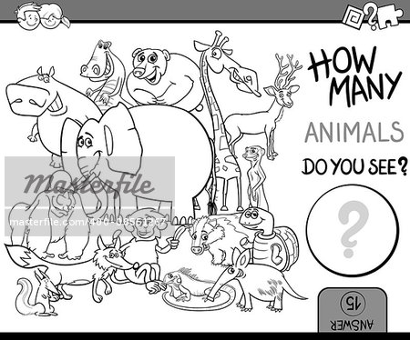 Black and White Cartoon Illustration of Educational Counting Task for Preschool Children with Wildlife Animal Characters Coloring Book