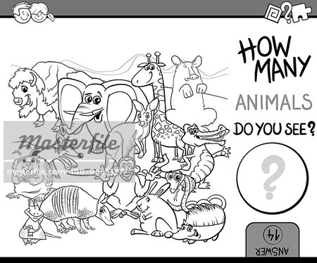Black and White Cartoon Illustration of Educational Counting Activity for Preschool Children with Wildlife Animal Characters Coloring Book