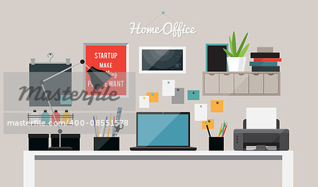 Flat home office interior illustration with desktop, vector