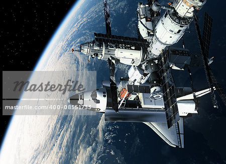 Space Station And Space Shuttle Orbiting Earth. 3D Scene.